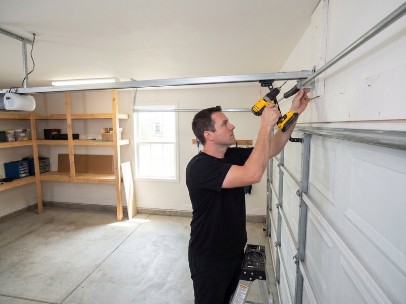 Technician drilling an opener rail bracket into the garage ceiling