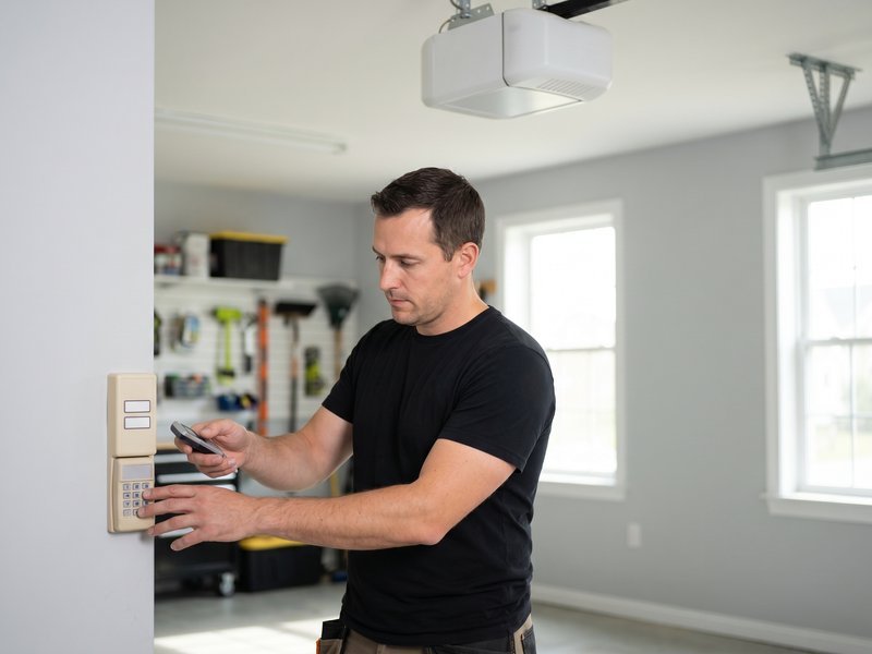 Technician using a phone beside a wall-mounted garage door control