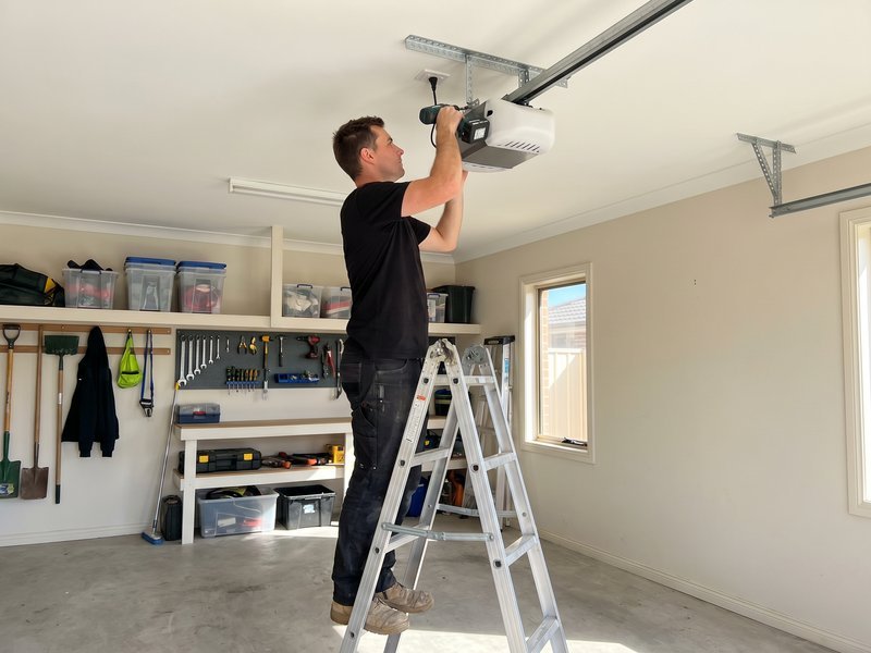 Technician on a stepladder mounting an opener unit to the garage ceiling