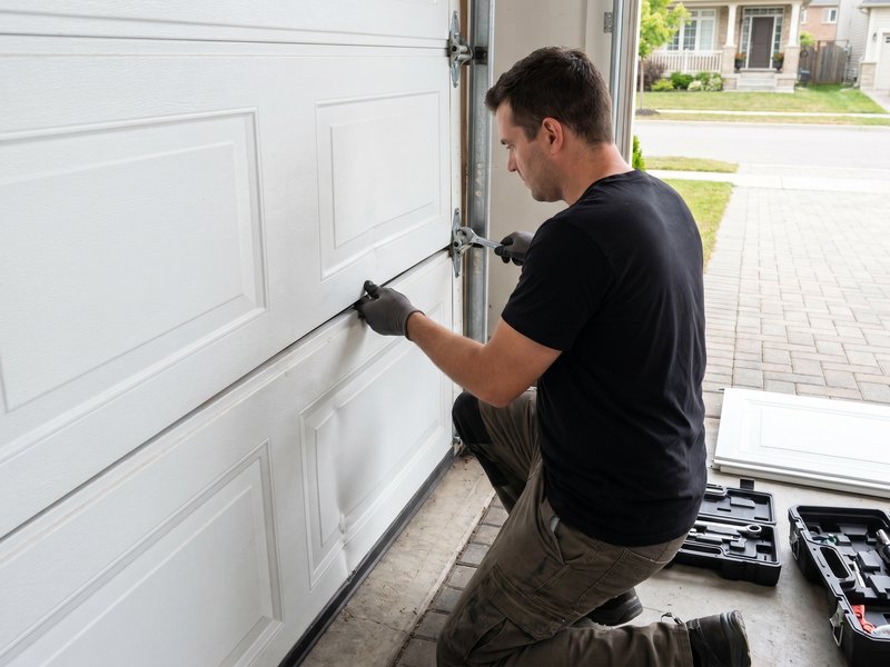 Technician working on a white garage door panel with a tool bag at his side