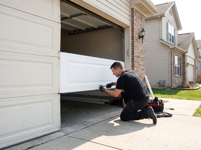 Technician kneeling beside a white raised-panel garage door lifted at one side to reach its bottom section