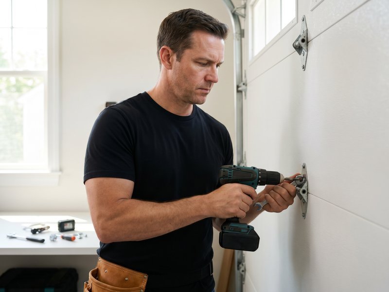 Technician drilling into the frame beside a garage door