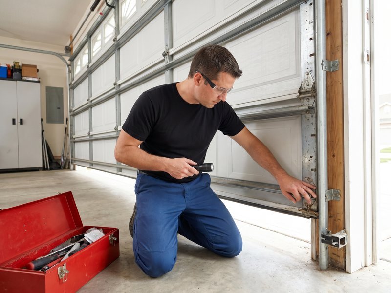 Technician kneeling beside a garage door track next to an open red toolbox