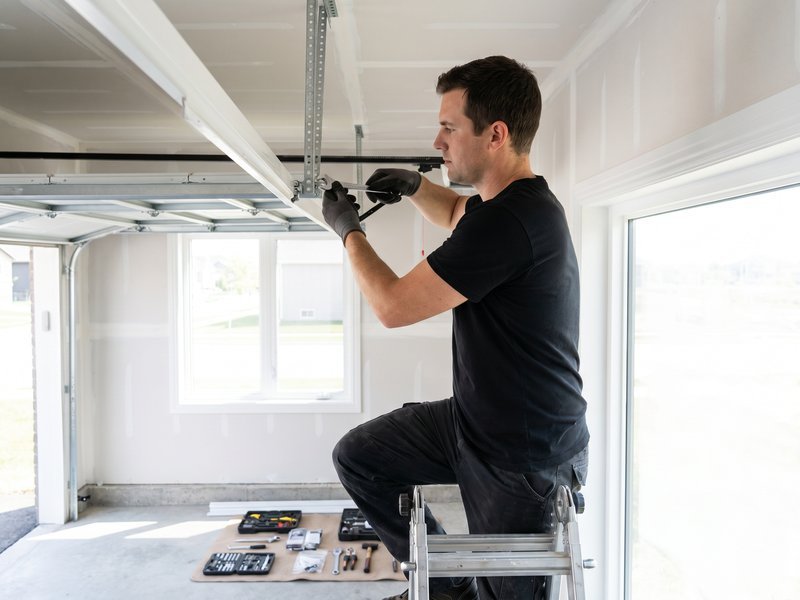 Technician on a stepladder working on track hardware near the garage ceiling