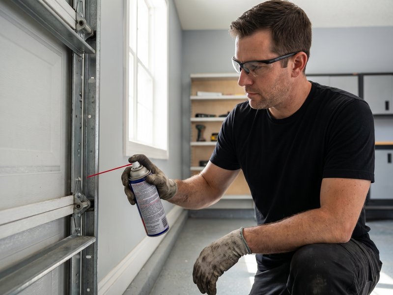 Technician in safety glasses kneeling beside a garage door track, spraying lubricant along it