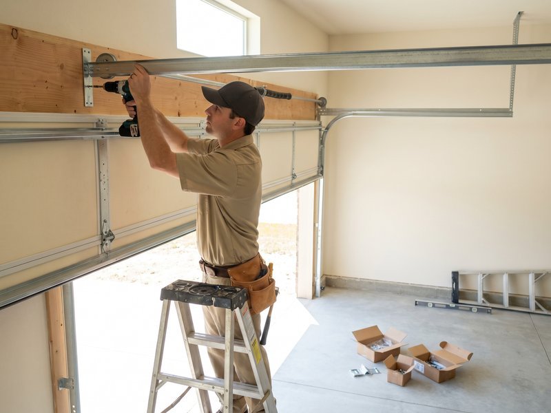 Technician in a tan shirt and cap on a stepladder, drilling a bracket into the header board above a garage door opening, with open hardware boxes on the floor