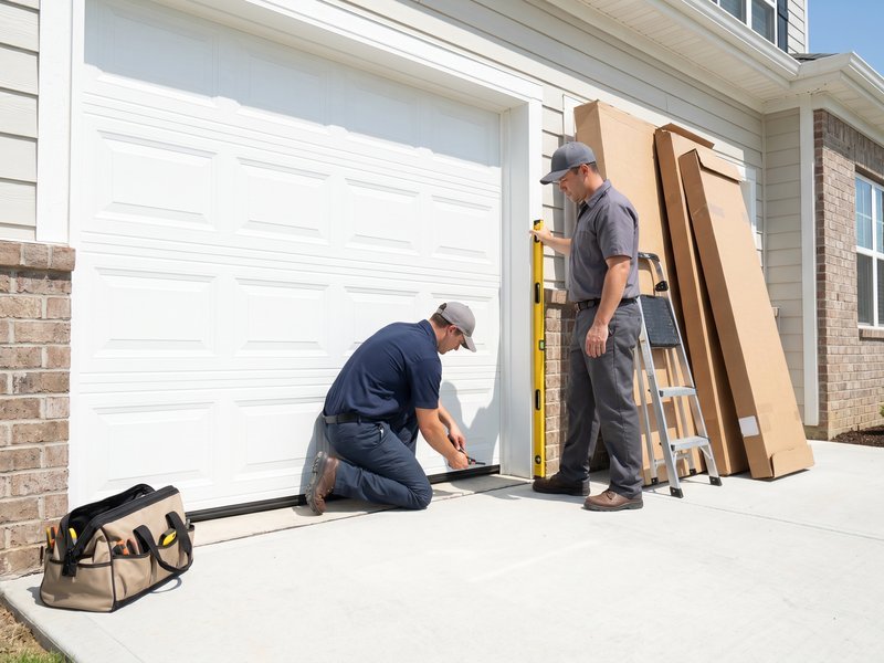 Two technicians at the opening of a white garage door, one kneeling to level the bottom edge while the other stands beside new door panels leaning on the wall