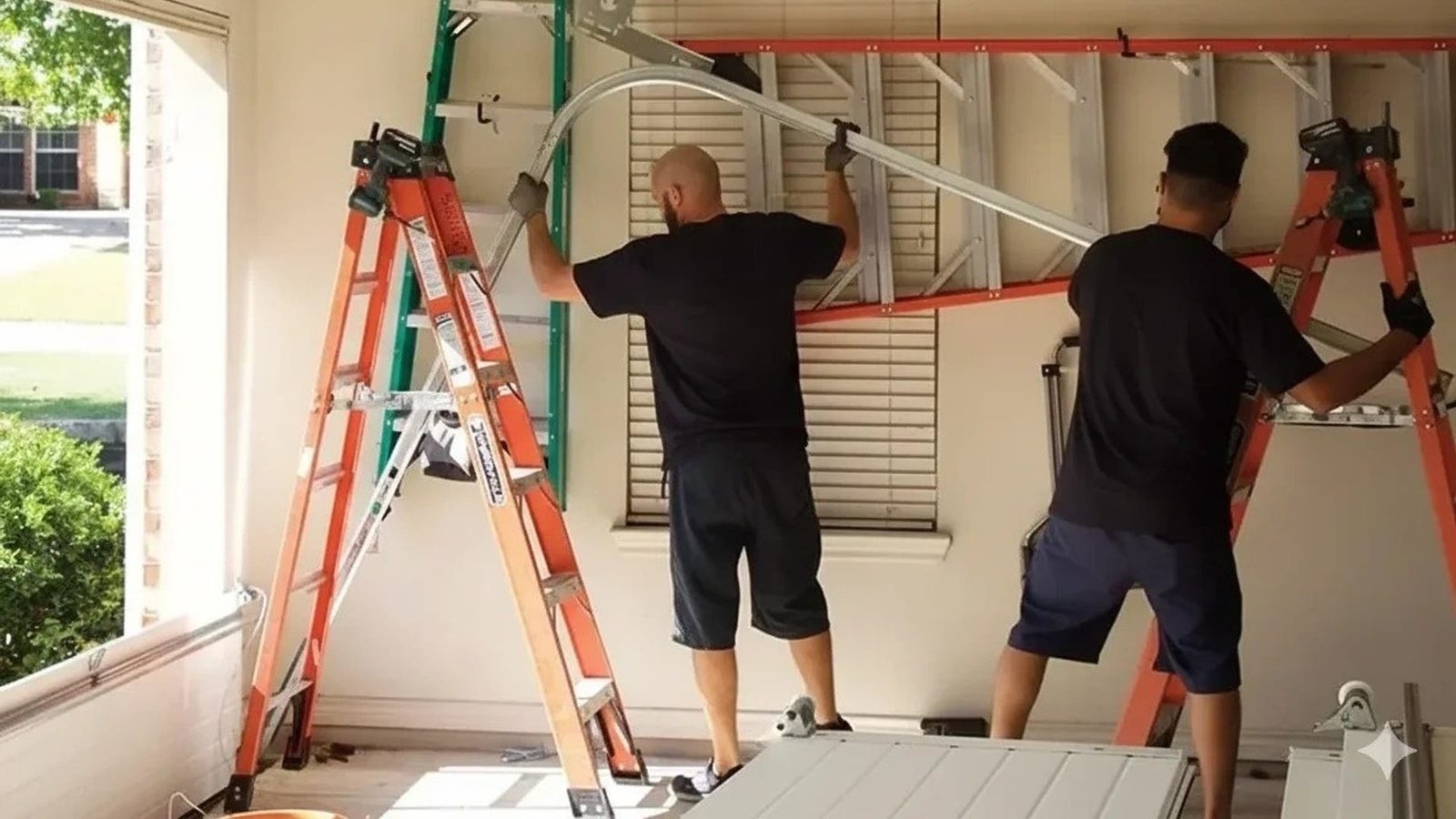 Two technicians on ladders working at the top of a garage door opening